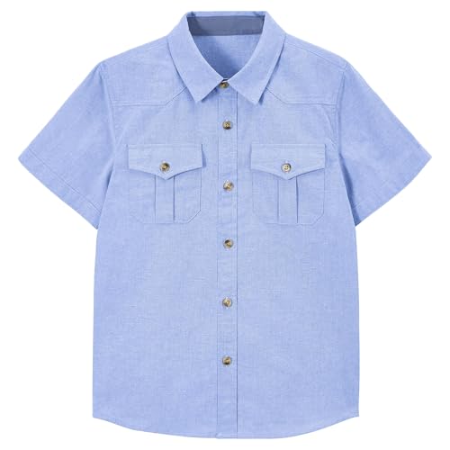 Rolanko Jungen Kurzarm Hemd Button Down Sommer Lässige Schuluniform Hemden mit Taschen, Blau, 130, 7-8 Jahre