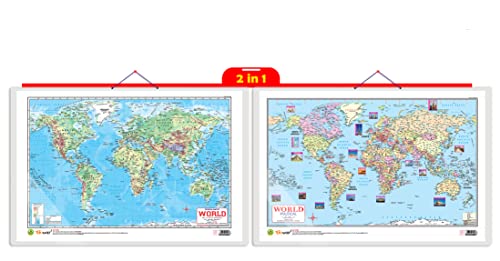 Image of 2 IN 1 WORLD POLITICAL AND PHYSICAL MAP IN ENGLISH Charts with Big font and Dust resistant Lamination | 300 GSM Recyclable Charts