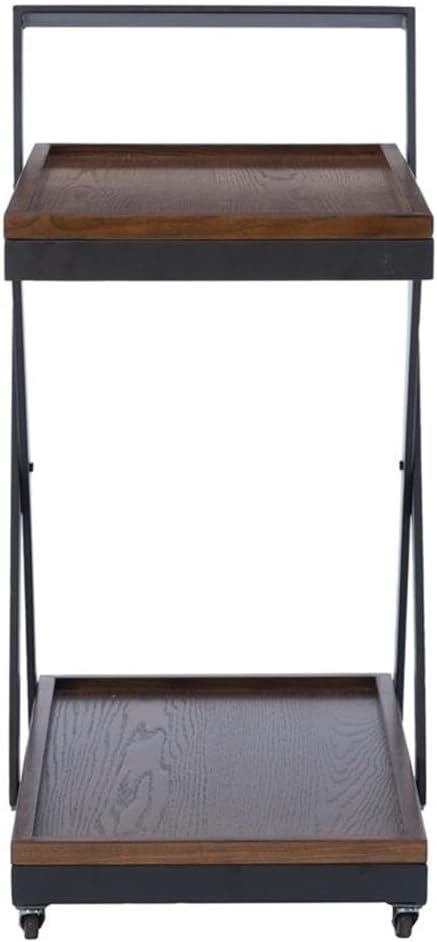 Linon Carley Dark Rustic Wood 2 Level Rolling Bar Cart with Metal Frame in Black