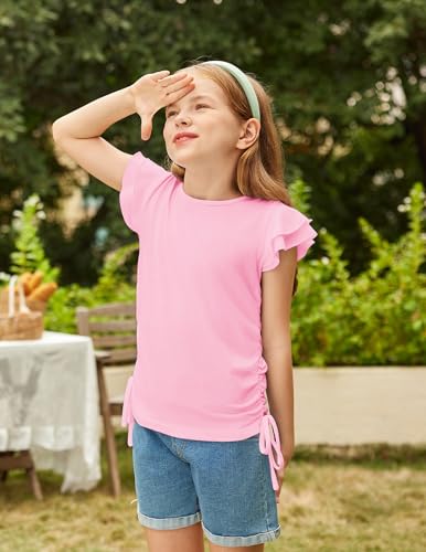Image of Arshiner Girls T Shirts Ruffle Short Sleeve Ruched Knot Side Tunic Blouse Summer Tee Tops
