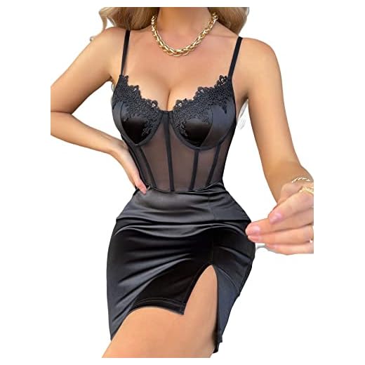 WDIRARA Women's Lace Sheer High Rise Split Satin Bustier Bodycon Mini Cami Dress Black L