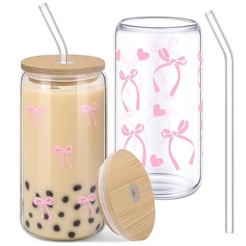 saerryor 2Pcs Bow Glass Cups, Iced Coffee Cup,16 oz Aesthetic Bow Cup with Lid and Straw, Glass Tumbler,Mug Aesthetic Cups for Girl Women Drinking Coffee Tea Cocktail