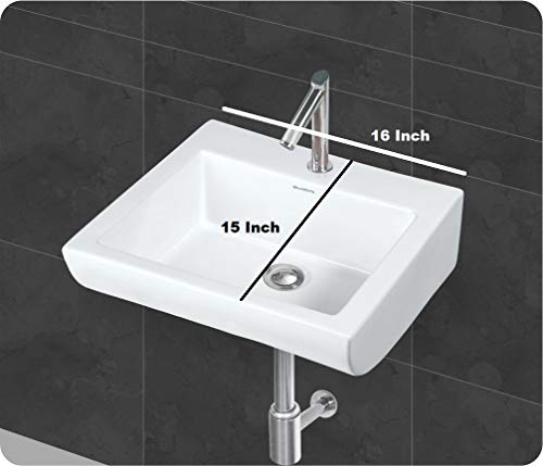 Image of Wash Basin Wall Hung Mounted Glossy Finish White Sink for Bathroom - (16 x 15 x 6 Inch)