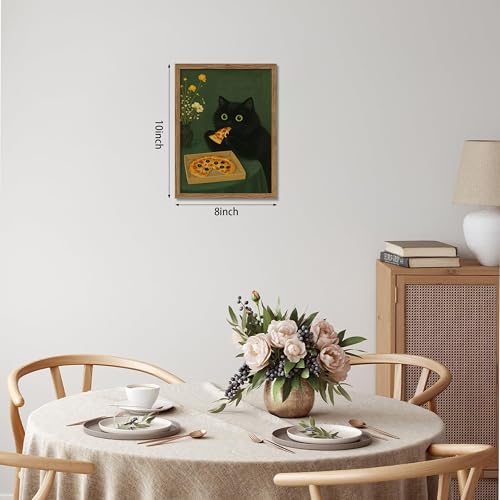 額入り黒猫のウォールアート、かわいい猫がピザを食べるキャンバス、面白いキッチン写真の装飾、遊び心のある食べ物好きのプリントアートワーク、キッチンダイニングルーム用の風変わりな動物の壁の装飾 – 8x10インチ [2]