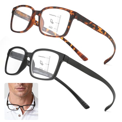CARA 2 Pack Progressive Multifocus Reading Glasses for Men Women Around the Neck Hanging Frame Blue