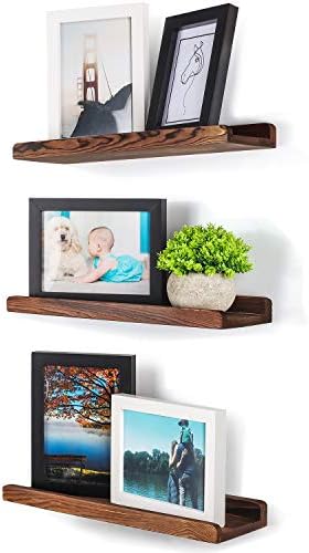 TJ.Moree Picture Ledge Shelf Wall Mounted, Rustic Wood Photo Ledge Floating Shelves Set of 3, Floating Bookshelf Decor Vinyl Display for Living Room, Bedroom, Bathroom, Nursery - Carbonized Brown