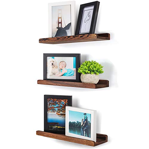 Tj.moree Picture Ledge Shelf Wall Mounted, Rustic Wood Photo Ledge Floating Shelves Set Of 3, Floating Bookshelf Decor Vinyl Display For Living Room, Bedroom, Bathroom, Nursery - Carbonized Brown #TOP3