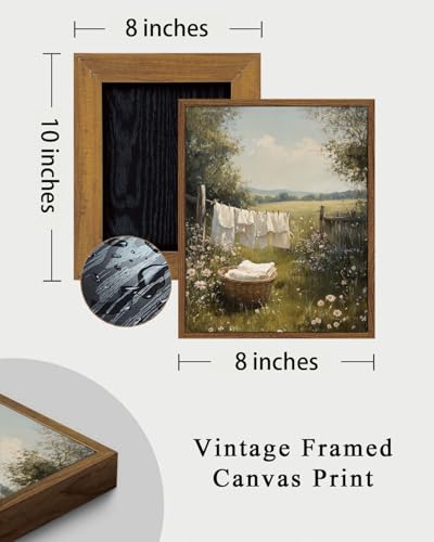 Image of KISSFOX Vintage Framed Wall Art For Laundry Room Decor Country Landscape Pictures Wall Decor Rustic Summer Wildflower Canvas Art Prints Modern Farmhouse Paintings Artwork