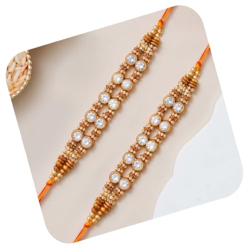 Image of Peora Rakhshabandhan Thread Rakhi for Brother Bhaiya | Kundan Beads & Crystal Studded | Combo Set of 2 | Rakhi Hamper Roli Chawal & Greeting Card