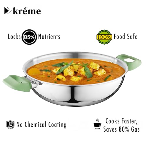 Image of Kreme Set of 2 Platina Triply Stainless Steel Kadhai with Lid (22 cms & 26 cms /Capacity 2.1 litres & 3.3 litres; Induction and Gas Compatible