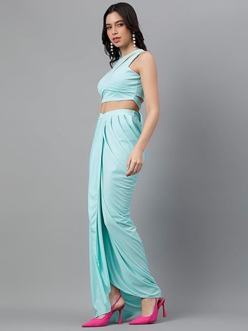 Image of Women's Modern Traditional Pre-Stitched Satin Saree with Modern Crop Top Blouse - Elegant Black Draped Sari for Parties and Special Occasions