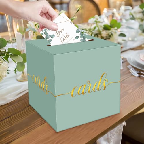 Image of 1 Pack Sage Green and Gold Foil Card Box for Party, 8.7 inch Sage Green Gift Card Box Money Box for Birthday, Wedding, Baby Shower, Retirement, Anniversary, Bridal Shower, Raffle Ticket