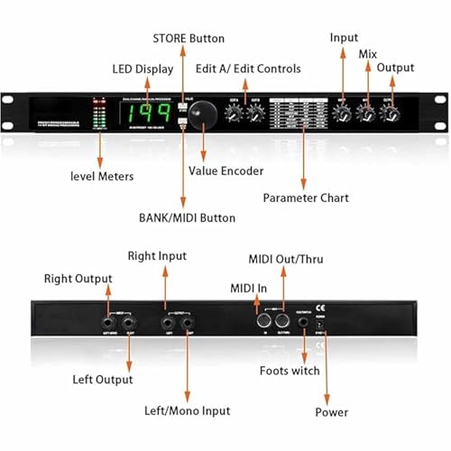 Equalizzatore processore audio professionale con Digital Reverb DSP, elaborazione del segnale a 24 bit, 99 programmi preimpostati, 199 effetti sonori, riduzione automatica del rumore