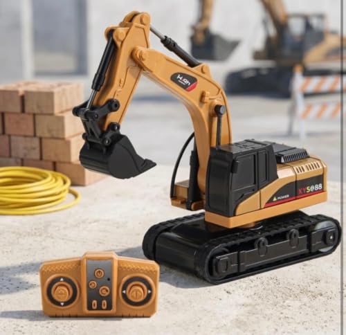 Image of Remote Control Excavator Toy for Kids, 1:64 Alloy RC with 2.4GHz Remote, 360 Rotation, Working Excavator Arm, LED Lights & Sound, Rechargeable Construction Vehicle for Boys & Girls