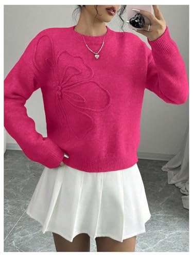 Image of RoseSeek Women's 3D Floral Appliques Crewneck Sweaters Long Sleeve Drop Shoulder Pullovers Elegant Knit Tops