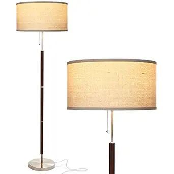 Brightech Carter Mid Century Modern Living Room Floor Lamp Large Pole Lamp Drum Shade Walnut Wood Finish