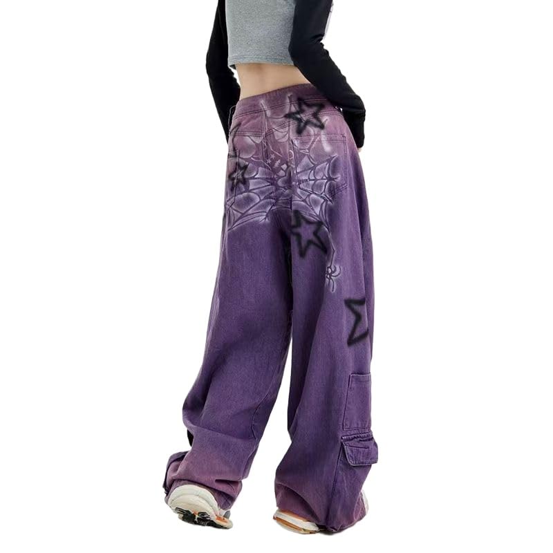 NCDUANSAN Harajuku American Retro Star Print Jeans with a Spicy Girl Design, Loose Personalized Straight Leg Wide Leg Jeans
