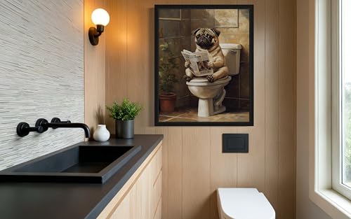 Image of Pug on Toilet Black Framed Wall Art Print Poster, Dog Bathroom Humor Decor Posters Prints for Restroom Home Picture Painting Artwork Gallery 7 (Pug, 10 inchL x 8 inchW, Black Frame)
