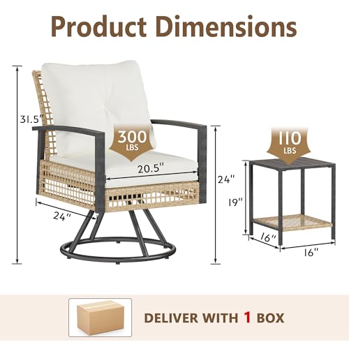 Rotihom 3 Piece outdoor swivel chair set of 2, outdoor swivel patio chairs with Wood-Grain Tabletop Coffee Table and 6\" Thick backrest, front porch furniture for Patio, Backyard, Deck, Poolside(Beige)