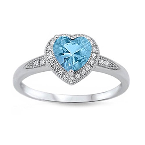 Oxford Diamond Co Halo Style Heart Cut Simulated Aquamarine Cubic Zirconia Promise .925 Sterling Silver Ring Size 3