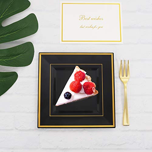 Bucla 100Pcs Black Square Plastic Plates With Gold Rim-6Inch Disposable Cake Plates- Premium Hard Square Small Appetizer Plates For New Year/Wedding/Party #TOP2