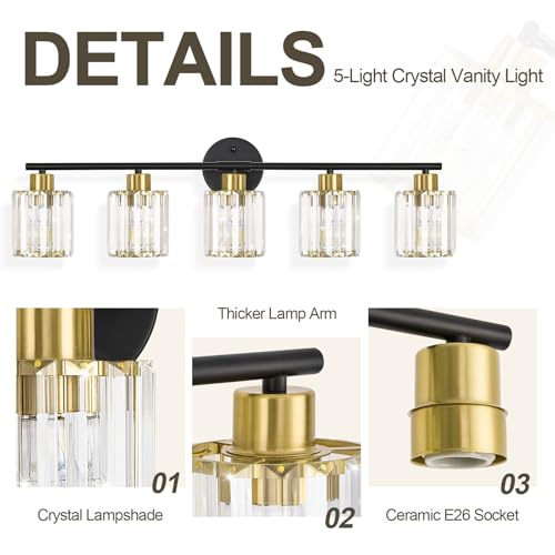 Image of Modern Black Gold Crystal Bathroom Light Fixtures,5-Light