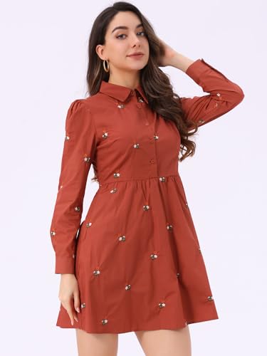 Image of Allegra K Women's Shirt Dress A Line Embroidered Floral Mini Dresses | Casual, Collar, Long Sleeve, Button Down, Half Placket, Invisible Zipper, Knee Length