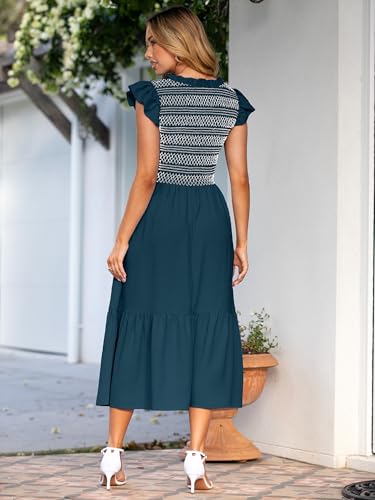 Image of Simplee Womens Summer Midi Dress Casual Boho Smocked Waist Flutter Sleeve A Line Flowy Tiered Dress with Pockets