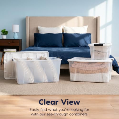 Image of IRIS USA 19 Qt Stackable Storage Bins with Lids, 6 Pack, Clear Plastic | Clear BPA-free bins with secure latches organize crafts, toys, shoes, office supplies, pantry items, and closets.