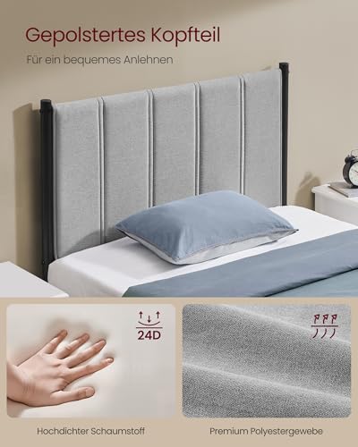 VASAGLE Einzelbettgestell, Bettgestell, 90 x 200 cm, mit gepolstertem Kopfteil, Bettrahmen, Stahl, trägt bis zu 250 kg, einfache Montage, Taubengrau RMB972G01