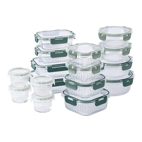 COOK WITH COLOR Premium 32-Pc. Borosilicate Glass Food Container Set with Dividers - 4 Rectangles, 8 Rounds, 4 Squares - Leakproof Lids - Meal Prep, Storage, Fluted Ombre Green
