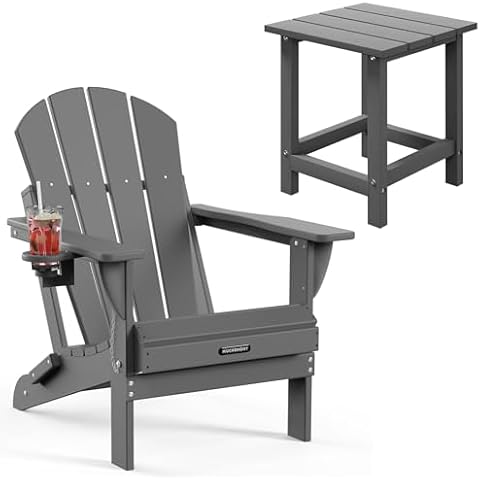 MUCHENGHY HDPE Folding Adirondack Chairs & Outdoor Side Table Weather Resistant for Deck, Backyard, Garden, Grey Cover