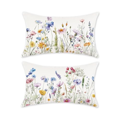 TAJWE Spring Pillow Covers 12x20 Inch Set of 2 Wild Flowers Decorative Pillowcases Farmhouse Summer Seasonal Floral Lumbar Cushion Cases for Sofa Couch Home Decor