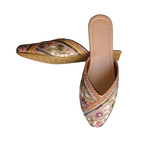 Image of Women's Embroidered Floral Juttis | Ethnic Jutti Flats | Handcrafted Flat Slip-On Mules with Beaded Embellishments
