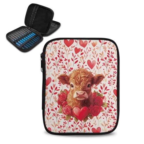 Image of Highland Cattle Crochet Hook Case Rose Portable Knitting Needle Organizer for Valentines Day Crochet Organizers and Storage Lightweight