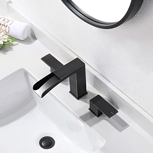 3-Hole 8-Inch Widespread 2 Handles Bathroom Faucet In Oil Rubbed Bronze By Phiestina, With Metal Pop Up Drain Assembly & Cupc Water Supply Lines, Ns-Wf002-1-Orb #TOP3