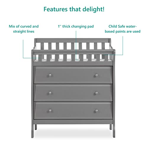 Dream On Me Marcus Changing Table And Dresser In Storm Grey, Features 3 Spacious Drawers, Non-Toxic Finishes, Comes With 1" Changing Pad, Made Of Solid Wood #TOP4