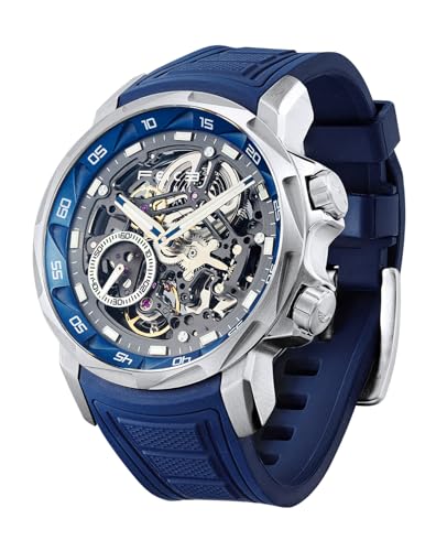 FEICE Męski zegarek automatyczny szkielet szkło szafirowe z gumową bransoletką obudowa ze stali nierdzewnej 46 mm FM511, niebieski, Nowoczesny