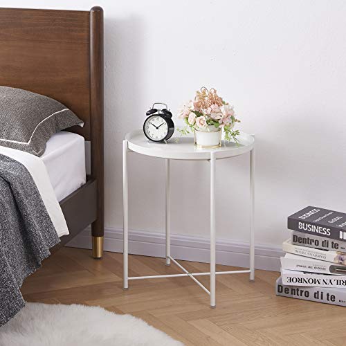 OVICAR Metal Tray End Table, Round Accent Coffee Side Table, Anti-Rust and Waterproof Outdoor Small Side Table, Indoor Modern Sofa Side Table Bedside Table for Living Room Bedroom Balcony (White) - Thumbnail 3