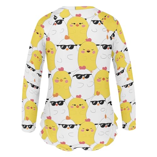 Wearing Sunglasses Chicken Pattern Girls Long Sleeve Swimsuit Rash Guard One Piece Bathing Suits Zipper 3-12T3
