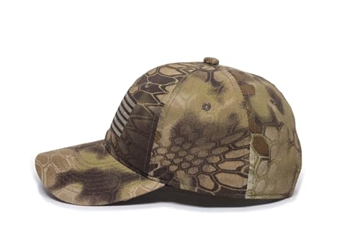 Image of Camouflage Flag Patch Trucker Hat - Cotton Canvas, Mesh Back, Structured High Crown, Plastic Snap Closure, One Size