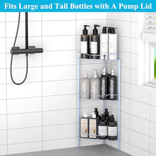 Image of HuggieGems 3 Tier Floor Standing Corner Shower Caddy Organizer Shelf with Hooks, Bathroom Shelves Stand Rack, Blue