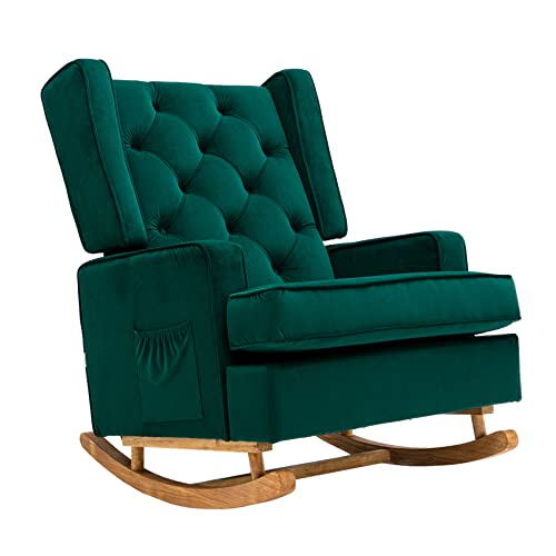 Image of Dolonm Nursery Rocking Chair Upholstered Mid Century Modern Rocker Oversized Wingback Armchair for Living Room with Solid Wood Base (Emerald)