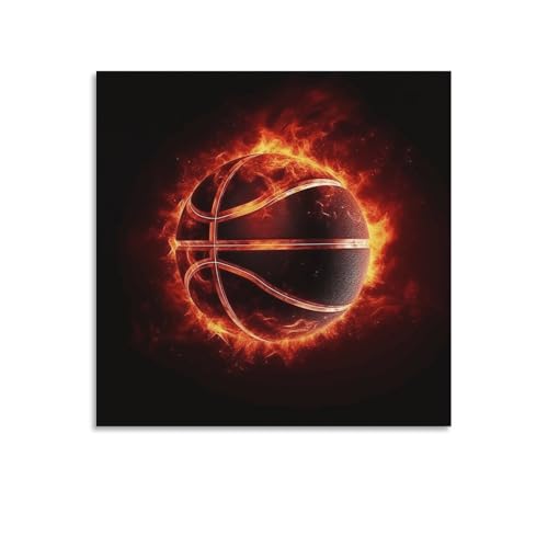 Toile murale abstraite basketball dans le feu pour dynamiser un mur blanc sans cadre 70x70