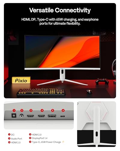 Image of Pixio PXC348C Neo White 34 inch 180Hz Refresh Rate UWQHD 1440p Ultrawide Resolution 1000R Curve Fast VA Panel 1ms Response Time USB-C Displayport 65W Charging Adaptive Sync HDR Curved Gaming Monitor