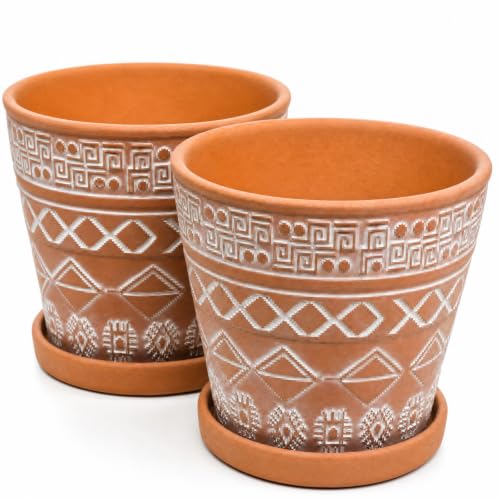 Cedilis 2 Pack 5 Inch Terracotta Pots with Saucers and Drainage Holes