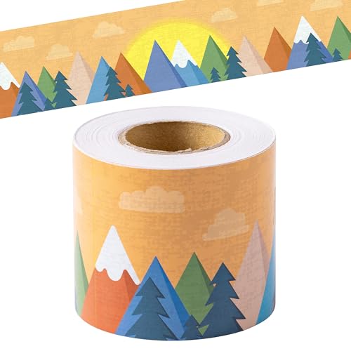 Image of BeYumi Moving Mountains Border Trim - 65ft Back to School Moving Mountains Straight Rolled Border Trim Woods Pine Trees Bulletin Board Borders Orange Decor Classroom Office Chalkboard Party Decoration