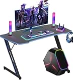 XXkseh 47" Gaming Desk Z Shaped Gaming Computer Desk with Hook Large Gaming Table for Game Work Study, PC Gaming Workstation with Carbon Fiber Surface, Sturdy Durable Metal Frame, Blue