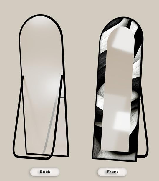 Specchio da pavimento a forma di onda bianca e nera, lunghezza completa, lunghezza completa, specchio ad arco a tutto corpo, specchio da pavimento macchiato con cornice nera e