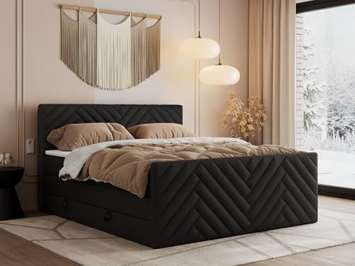 MKS MEBLE Boxspringbett Paris King Duo 200x200 cm mit Bettkasten Stauraum, Doppelbett mit Kopfteil und Fußteil, 7-Zonen Taschenfederkern Matratze H4 mit Topper Visco - Schwarz Kunstleder